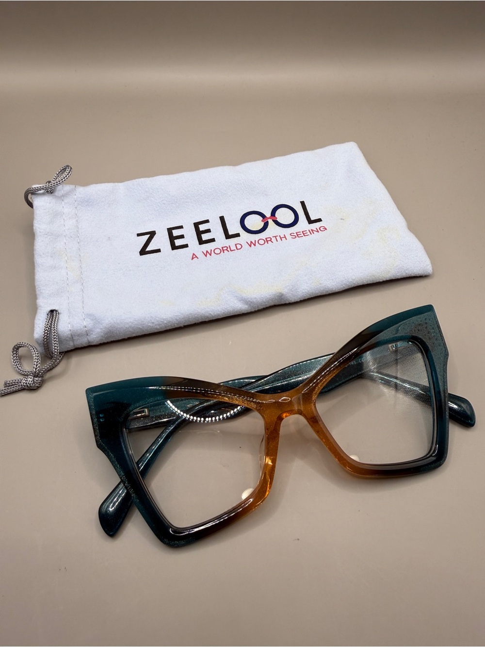 ZeeLool Two-Tone Cat Eye Glasses - Teal & Amber, No prescription